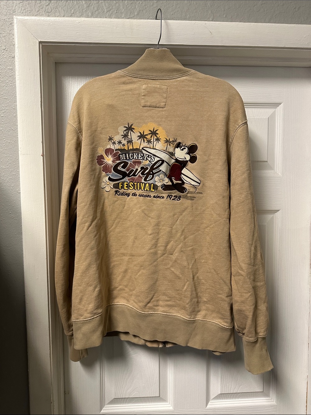 Disney Tan Crewneck with Mickey Surf Festival Graphic